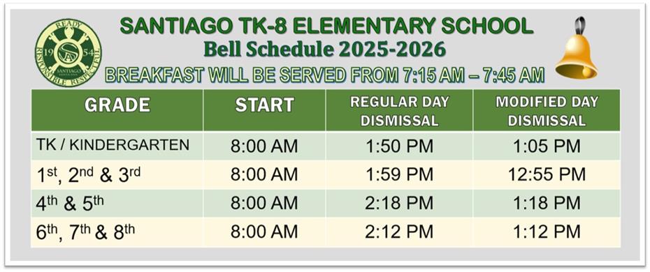 Santiago Elementary Bell Schedule 2025-2026